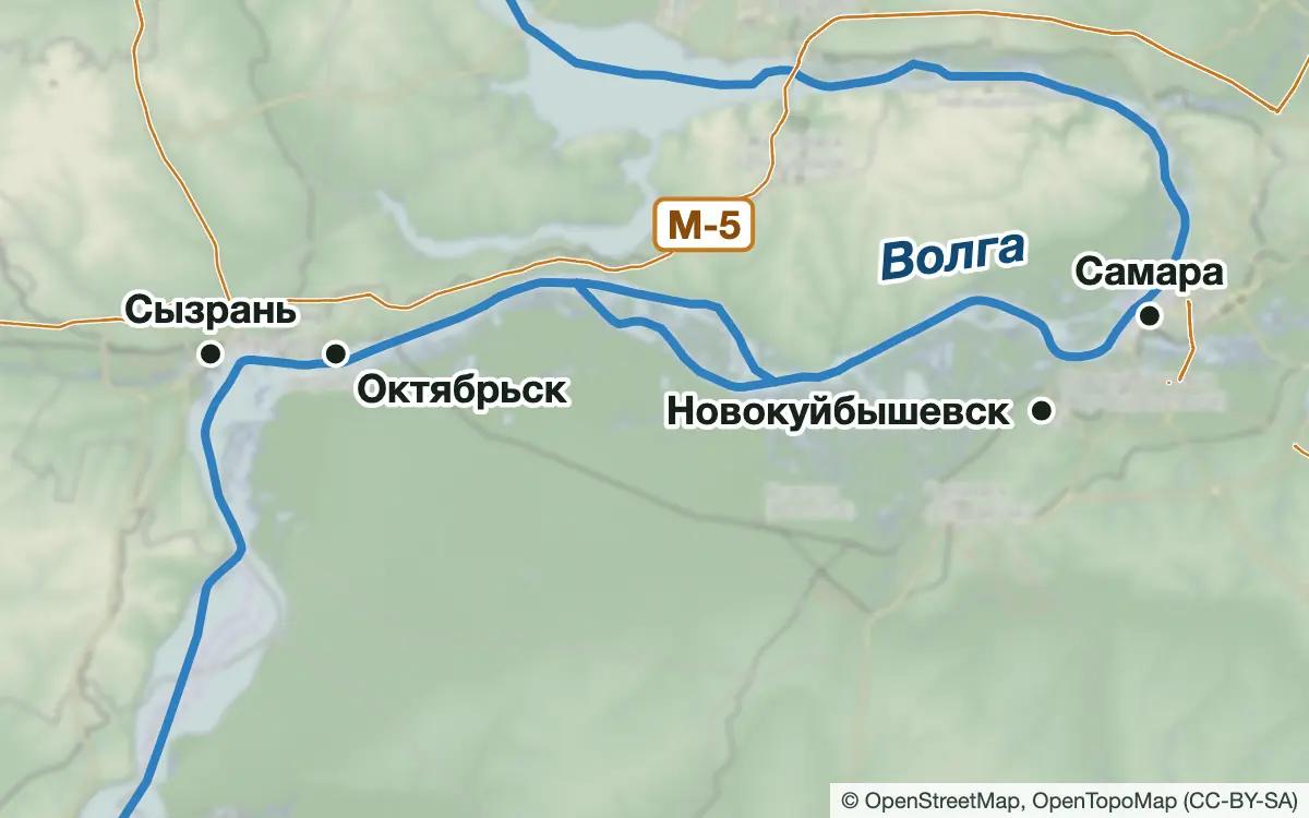 Схема: Рыбалка на Волге ниже Самары и у Сызрани — водоёмы и населённые пункты