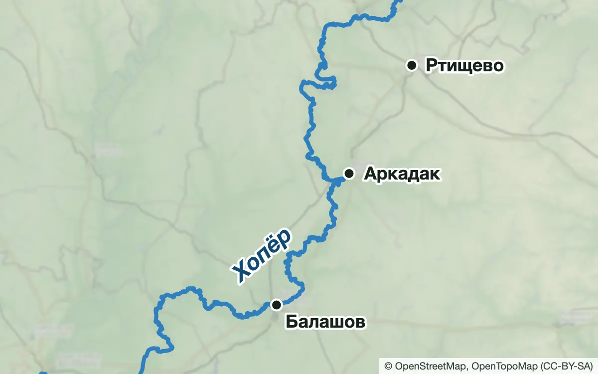 Схема: Рыбалка на Хопре в Саратовской области: Балашов и Аркадак — водоёмы и населённые пункты