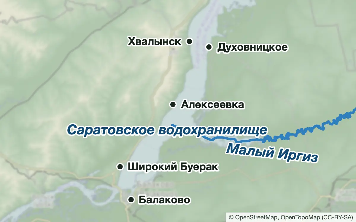 Схема: Рыбалка на Саратовском водохранилище: от Хвалынска до Балакова — водоёмы и населённые пункты