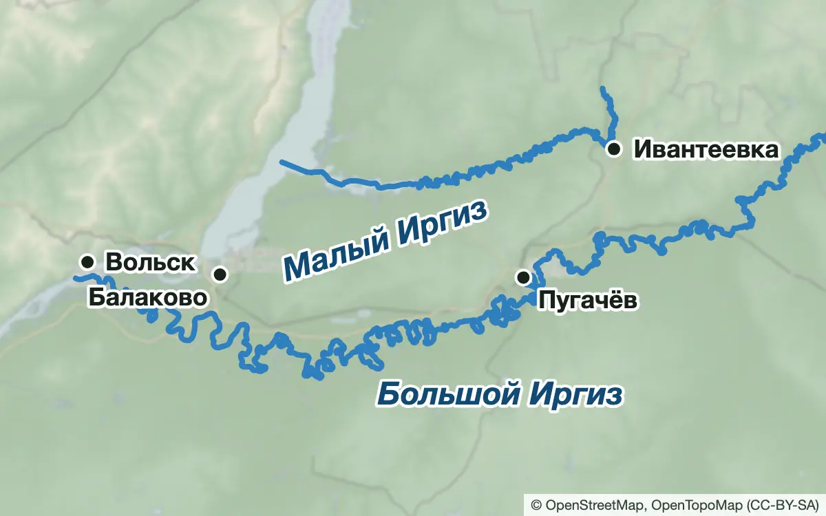 Схема: Рыбалка на Большом Иргизе в Саратовской области — водоёмы и населённые пункты