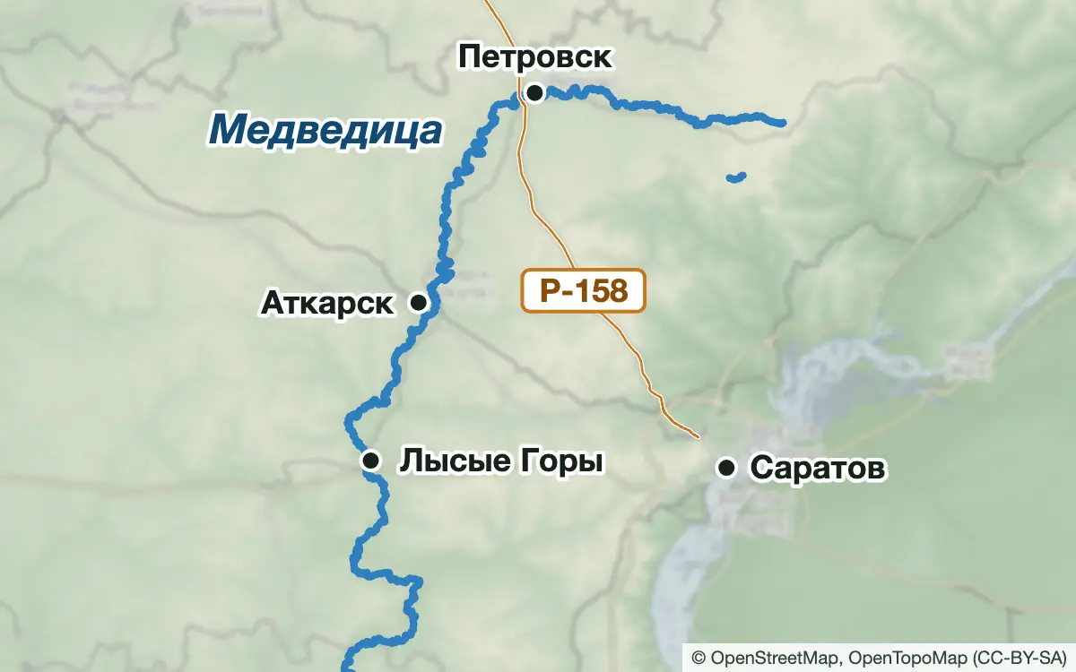 Схема: Рыбалка на Медведице в Саратовской области — водоёмы и населённые пункты