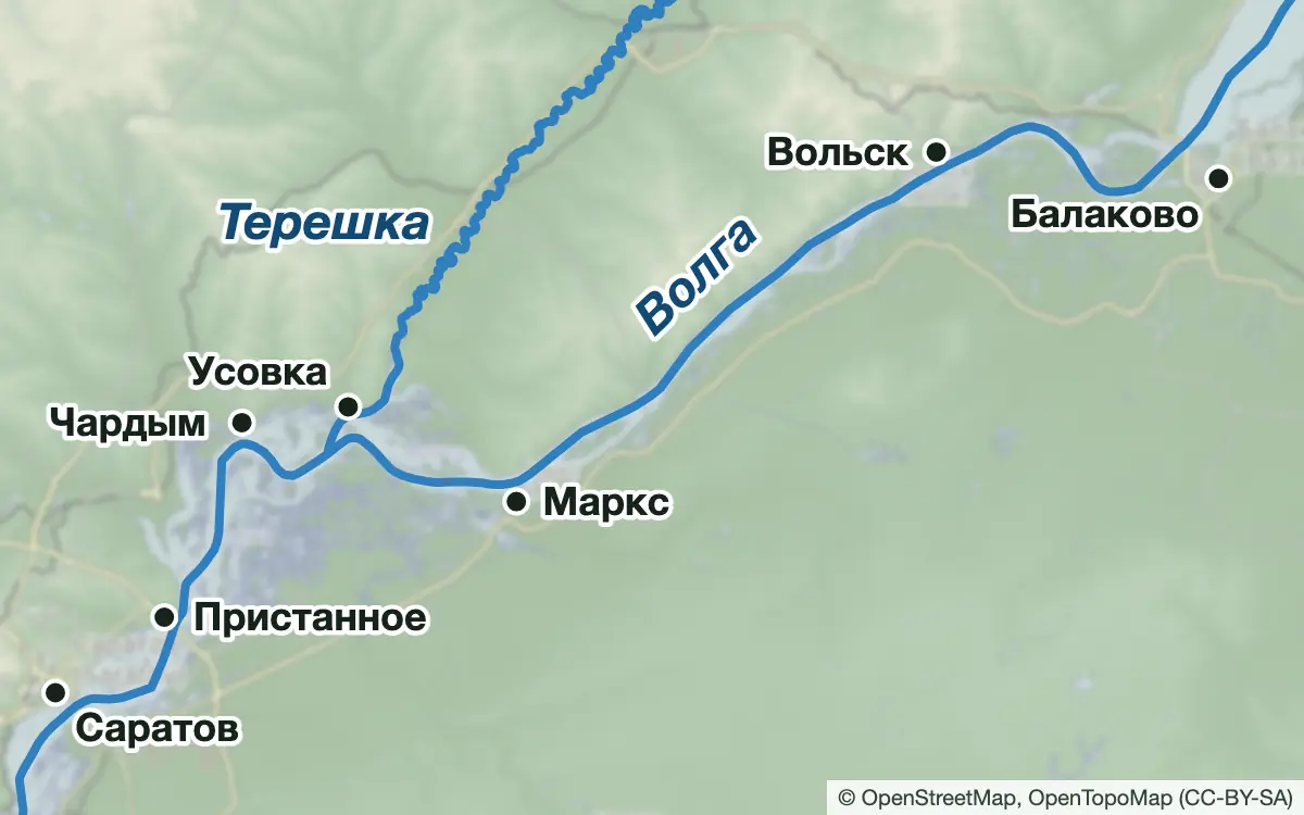 Схема: Рыбалка на Волге от Балакова до Саратова: Вольск, Маркс, Чардым — водоёмы и населённые пункты
