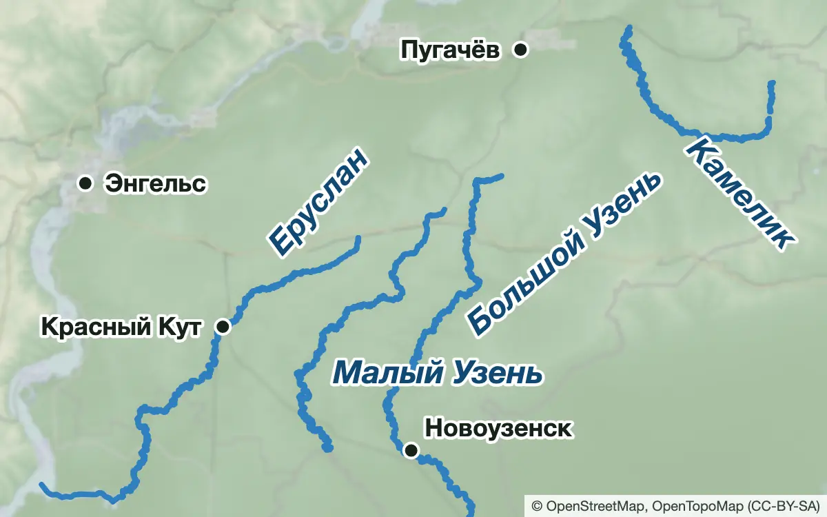 Схема: Рыбалка в саратовском Заволжье: Еруслан, Узени, Камелик — водоёмы и населённые пункты