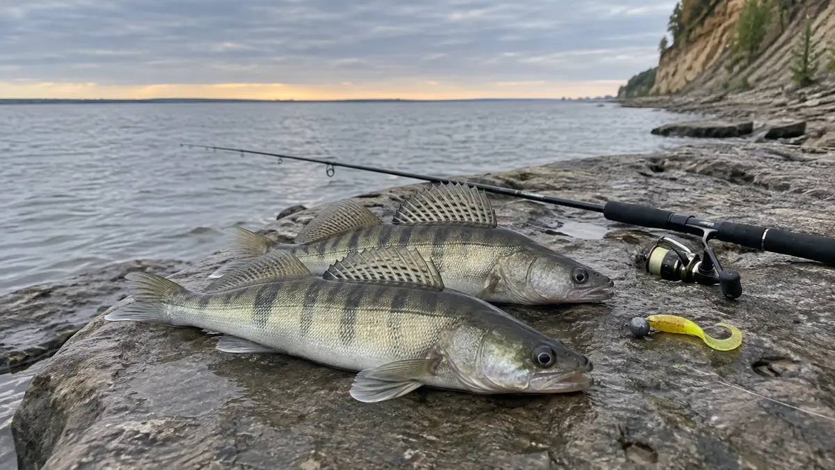Два берша на камне под обрывом Волгоградского водохранилища, рядом джиговый спиннинг с жёлтым твистером