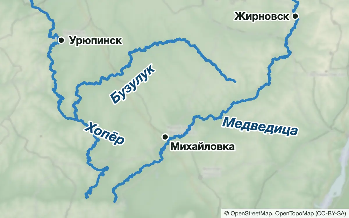 Схема: Рыбалка на Хопре, Медведице и Бузулуке в Волгоградской области — водоёмы и населённые пункты