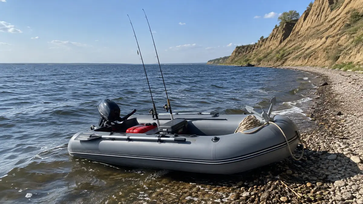 Надувная лодка с подвесным мотором у берега водохранилища под высоким глинистым обрывом, спиннинги в держателях, широкая вода до горизонта, сентябрь