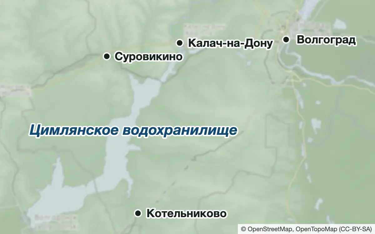 Схема: Рыбалка на Цимлянском водохранилище и Волго-Донском канале — водоёмы и населённые пункты