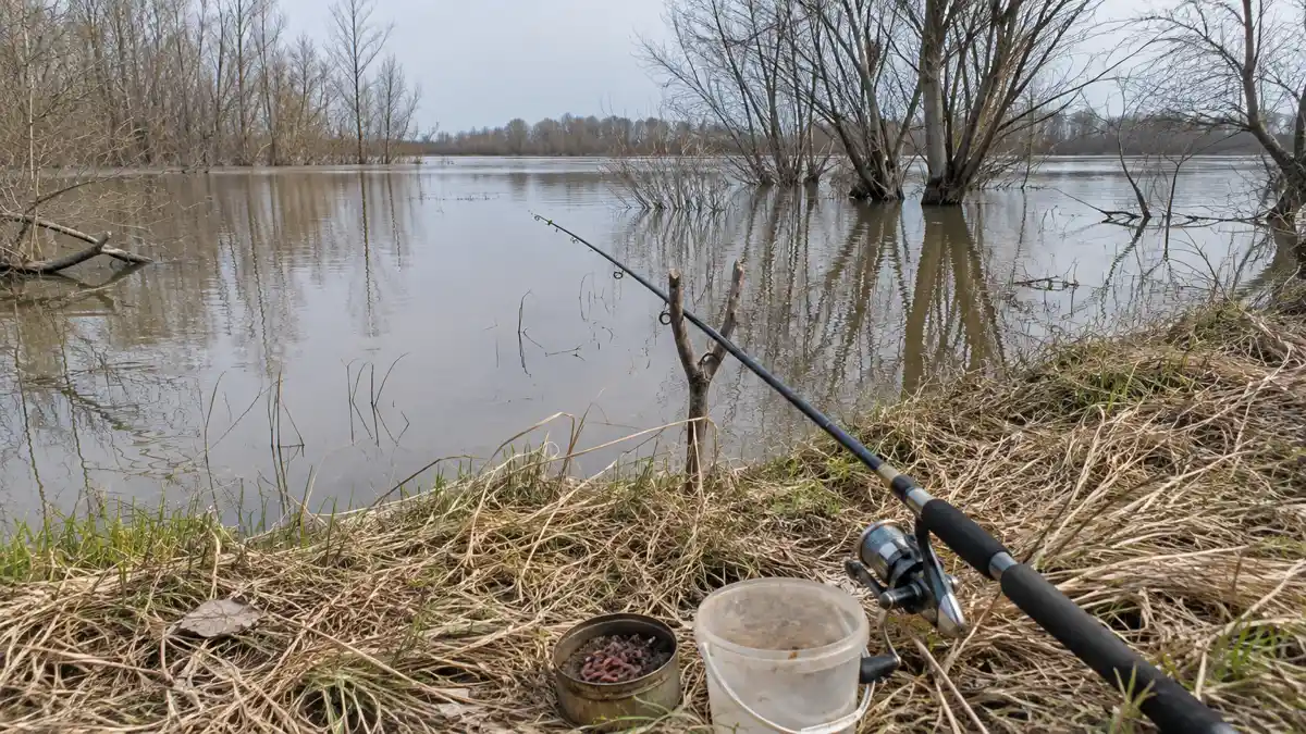 Одна донная удочка на рогульке у разлившейся весенней воды, затопленные ивы без листьев, банка с червями и пустое ведёрко на прошлогодней траве, апрель