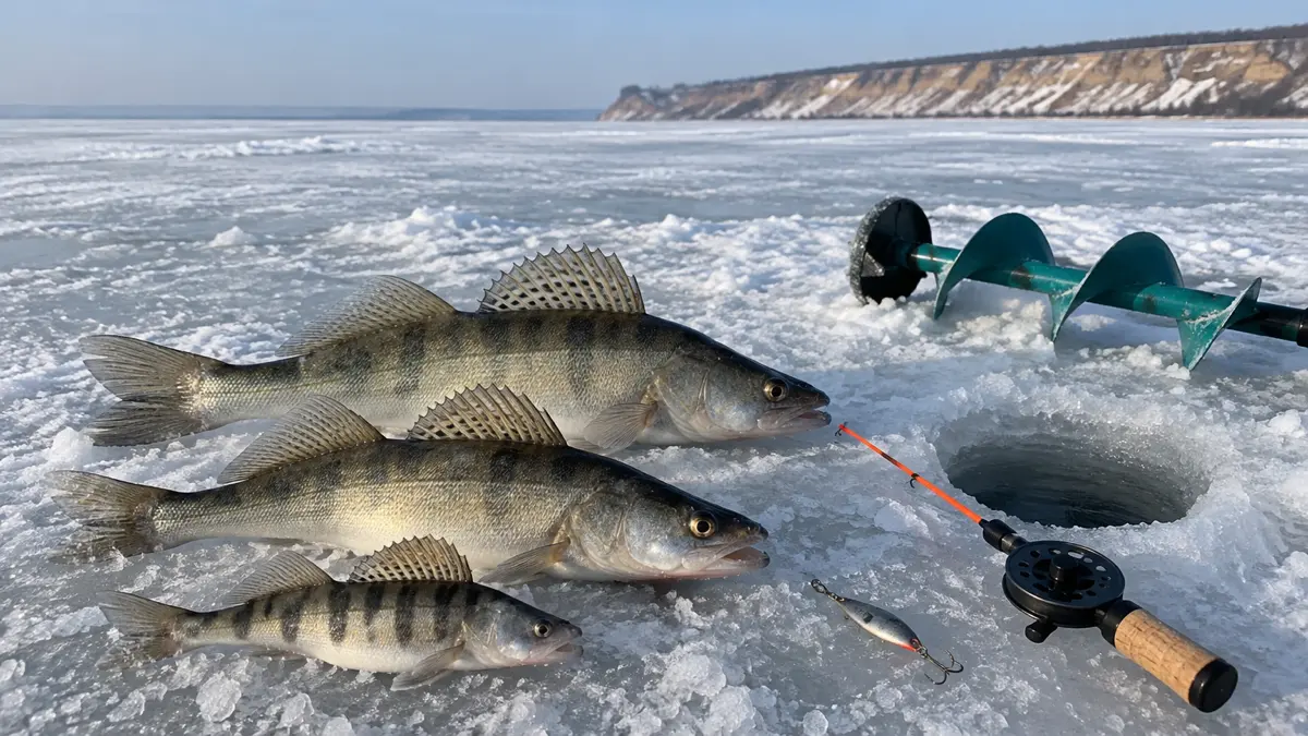 Два судака и берш на льду возле лунки на Волгоградском водохранилище, зимняя удочка с блесной, вдали высокий обрывистый правый берег