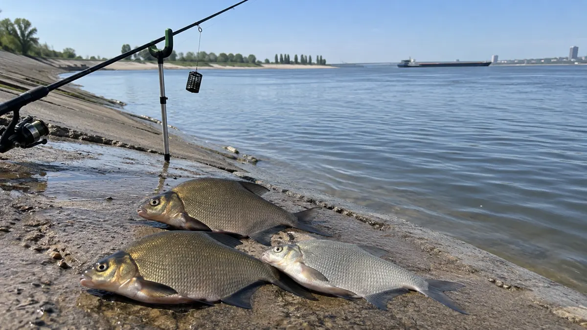 Два леща и густера на бетонной плите городской набережной у Волги, донная удочка с кормушкой, вдали широкая река и низкий левый берег