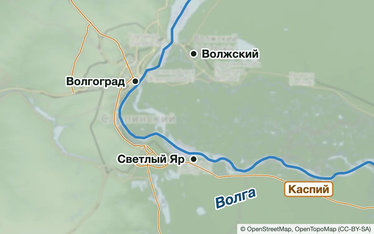 Схема: Рыбалка на Волге в Волгограде и ниже по течению — водоёмы и населённые пункты
