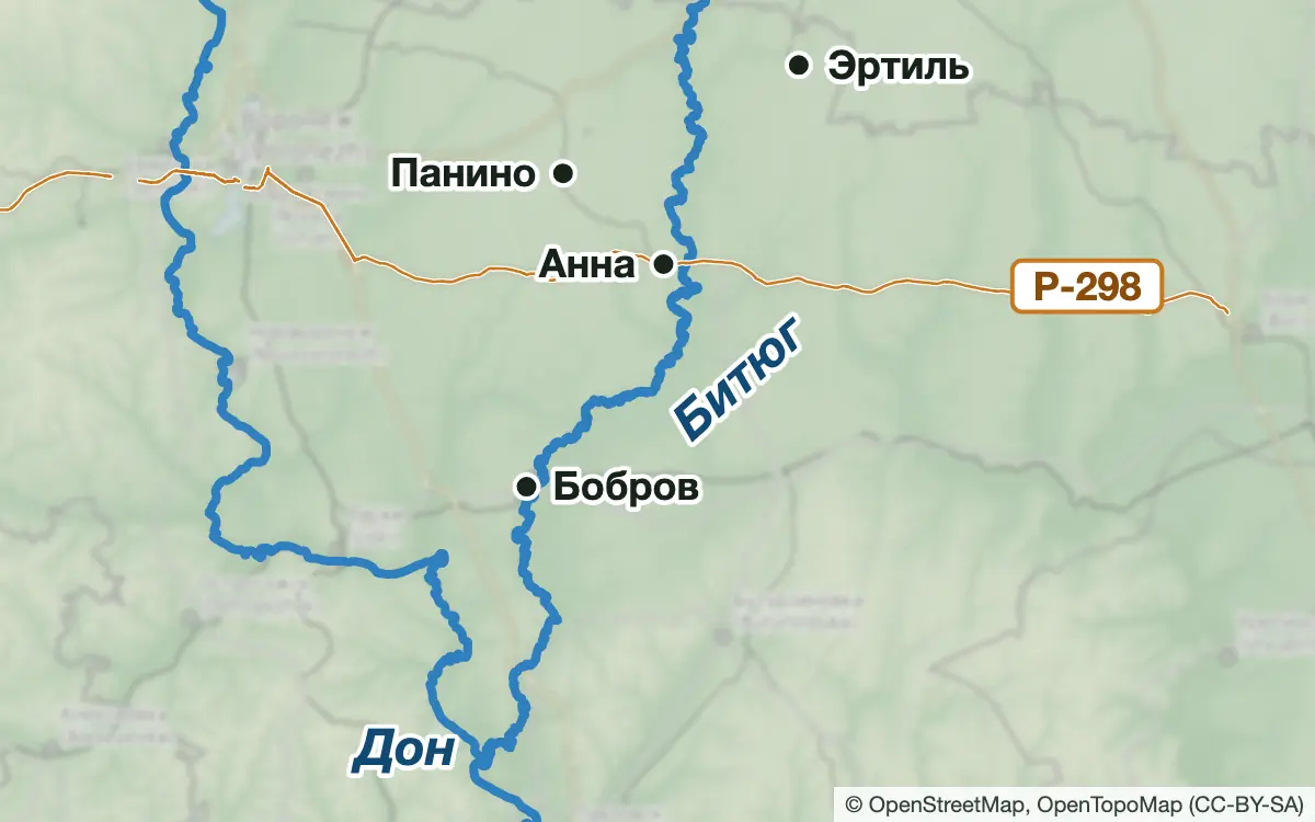 Схема: Рыбалка на Битюге в Воронежской области — водоёмы и населённые пункты