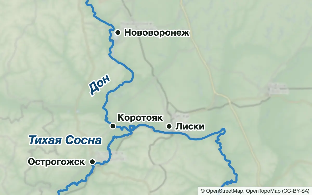 Схема: Рыбалка на Дону и озёрах у Лисок, Коротояка и Нововоронежа — водоёмы и населённые пункты