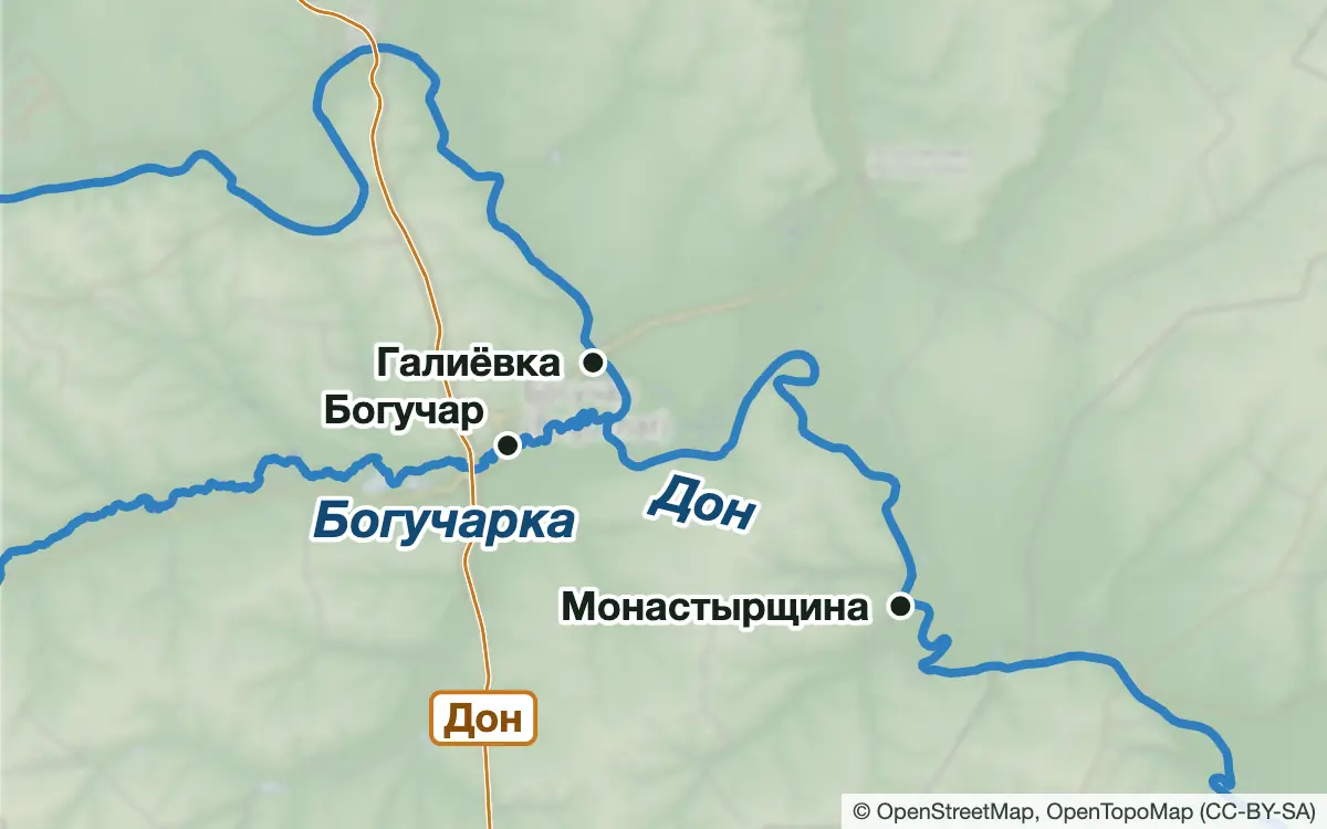 Схема: Рыбалка на Дону в Богучарском районе: от Галиёвки до Ростовской границы — водоёмы и населённые пункты