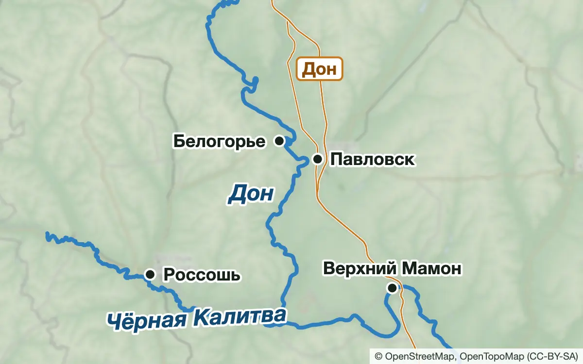 Схема: Рыбалка на Дону от Белогорья и Павловска до Верхнего Мамона — водоёмы и населённые пункты