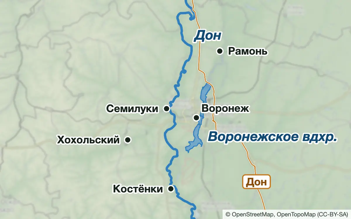 Схема: Рыбалка на Дону под Воронежем: от Липецкой границы до Костёнок — водоёмы и населённые пункты