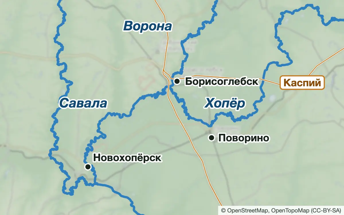 Схема: Рыбалка на Хопре: Поворино, Борисоглебск, Новохопёрск — водоёмы и населённые пункты