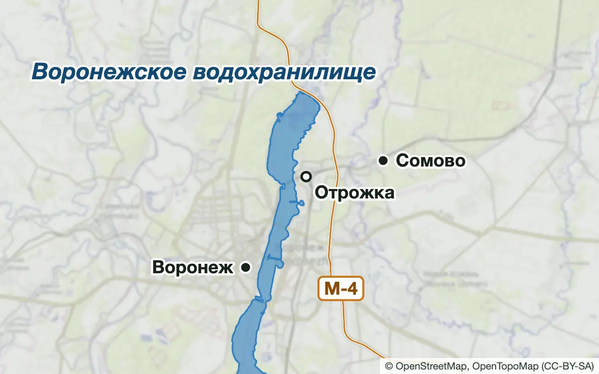 Схема: Рыбалка на северной части Воронежского водохранилища — водоёмы и населённые пункты