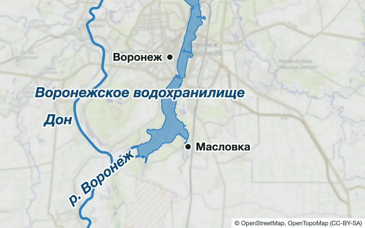 Схема: Рыбалка в Воронеже: водохранилище от центра до плотины — водоёмы и населённые пункты