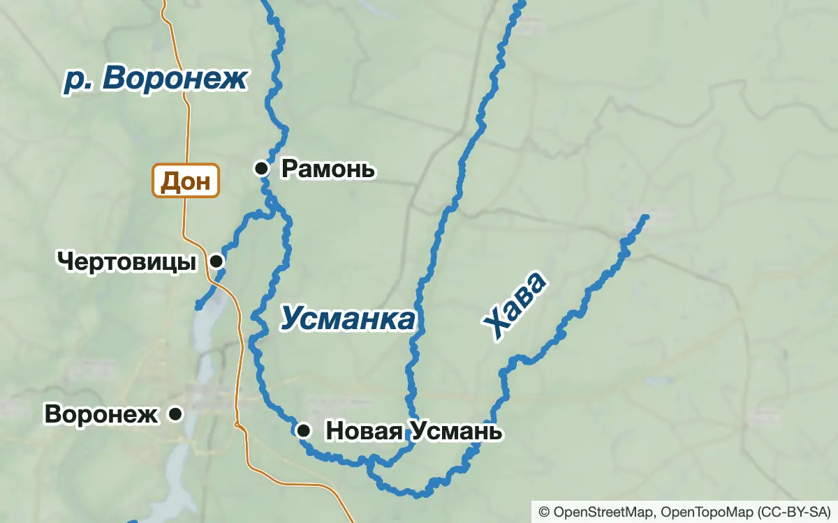 Схема: Рыбалка на реке Воронеж выше водохранилища, Усмани и Хаве — водоёмы и населённые пункты